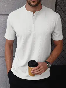 2026 New Men's Stand Collar Henry Neck Short Sleeve Shirt, Wheat Pattern Striped Lapel Button Summer Casual Top, Trendy Fashion Apparel