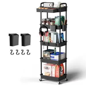 5 Tier Rolling Cart Organizer,Bathroom Cart Organizers with Wheels Laundry Room Organization Mobile Shelving Unit Utility Cart Storage Shelves Multi-Functional for Office, Home(Black)