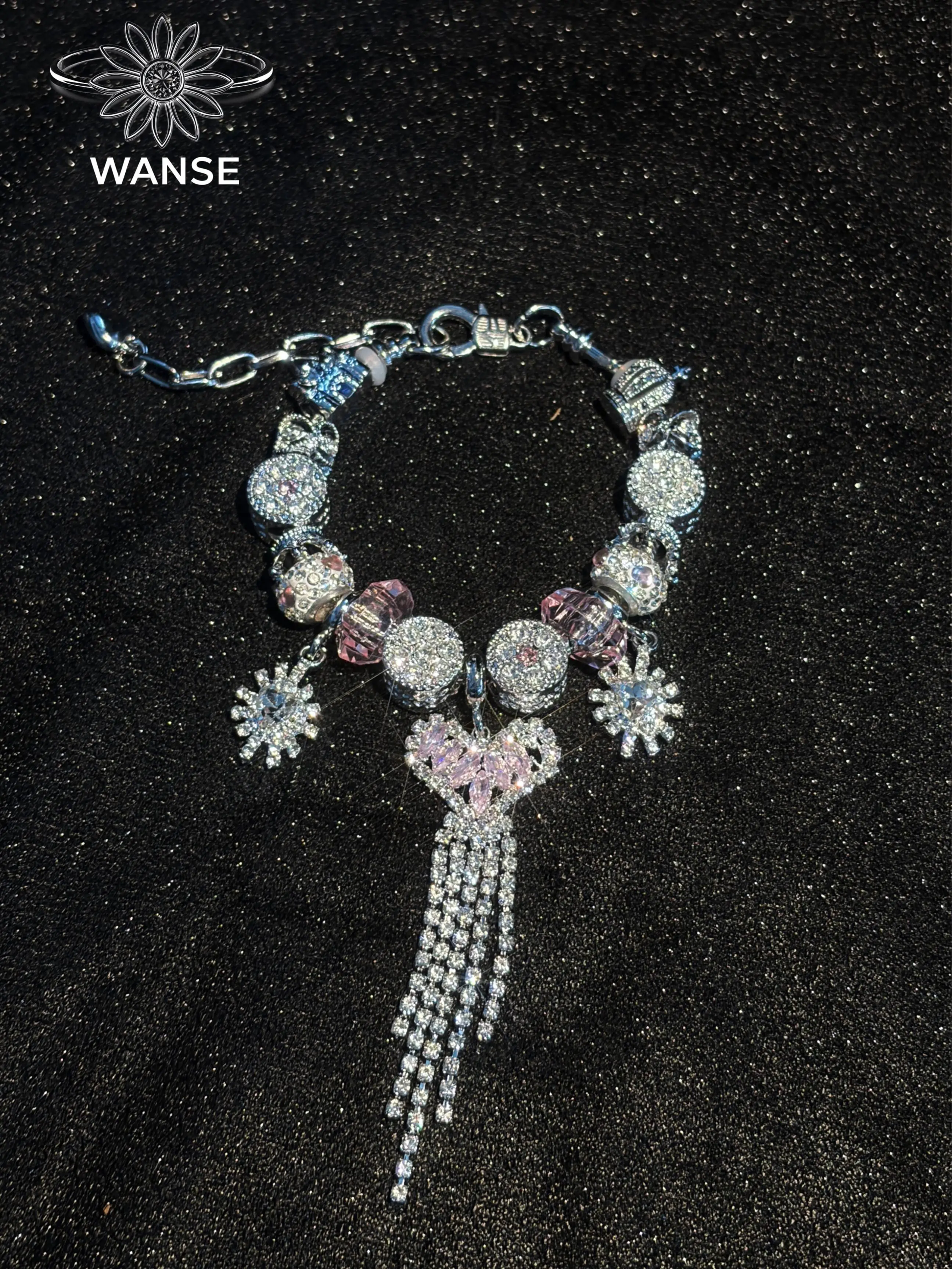 Silver Tone Crystal Heart Tassel Charm Bracelet, Women Rhinestone Snowflake Beaded Bracelet Fashion Wedding Party Jewelry