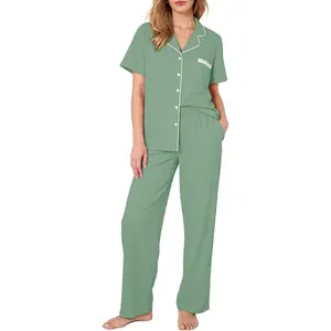 Womens Button Down Pajama Set Short Sleeve Top Long Pants Soft Loungewear Pjs Set with Pockets