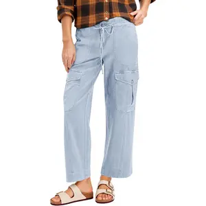 Lannew Womens Cotton Cargo Pants Low Rise Drawstring Waist Wide Leg Casual Hiking Pants with Multiple Pockets