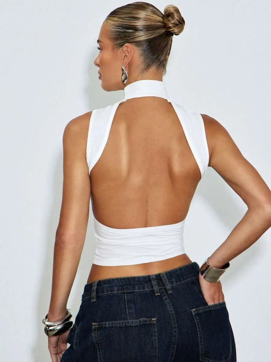 Solara Hauture Women's Sexy Backless High Neck Sleeveless Body Fitted Solid Color Tank Top, Versatile Office Wear, Brunch, Party, Concerts, Business Wear