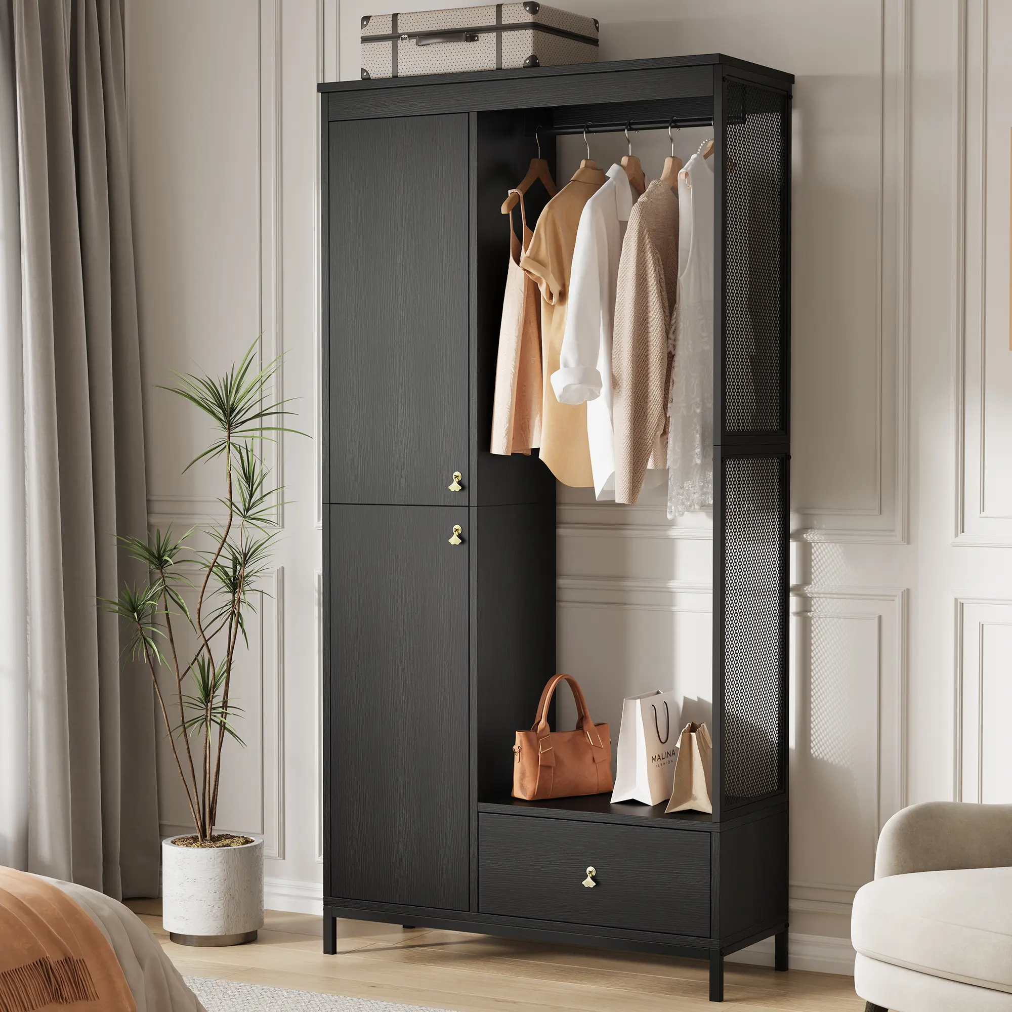 Modern Armoire Wardrobe Closet - Sliding Door, Adjustable, Customizable Storage, Durable, Space-Saving Indoor Furniture
