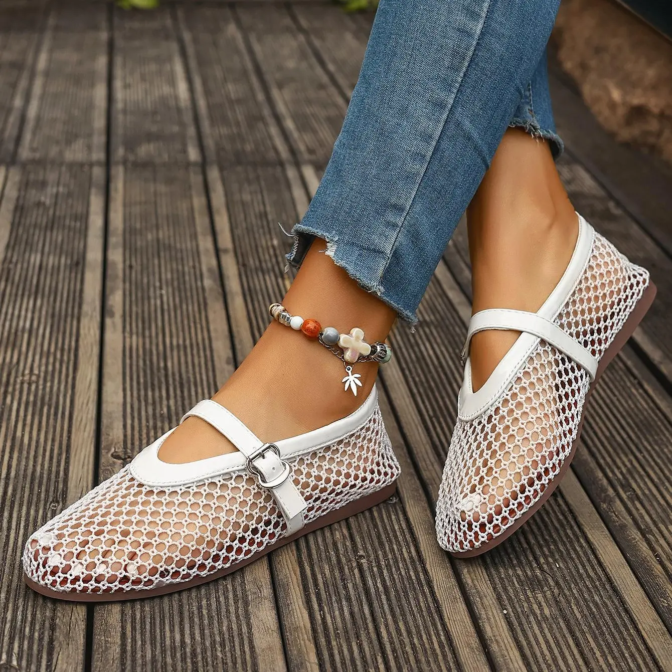 Women's Mary Jane Flats, Lightweight Fishnet Mesh Footwear with Adjustable Buckle and Non-Slip Rubber Sole, Stylish, Chic, Classy, Minimalist, Fabric