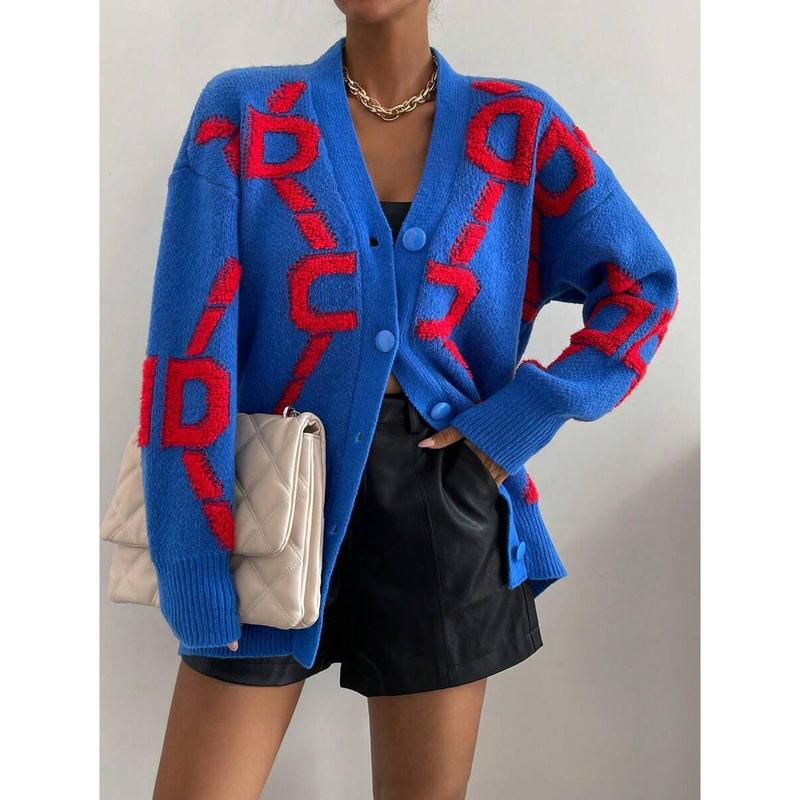 Letter Pattern Drop Shoulder Cardigan,Long Sleeve Tops Fall Winter Cloth For Women Fabric Fit