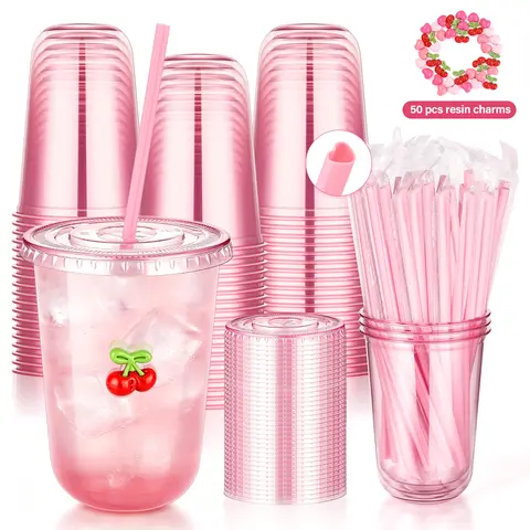 50-Pack 13.6oz(400ml) BPA-Free PET Disposable Tableware Set, High-Quality Plastic Valentine Round-Bottom Cold Drink Cups with Lids, Pink Heart Straws & Resin Charms for Adults, Grad Party & Any Occasion Home Festive Supplies