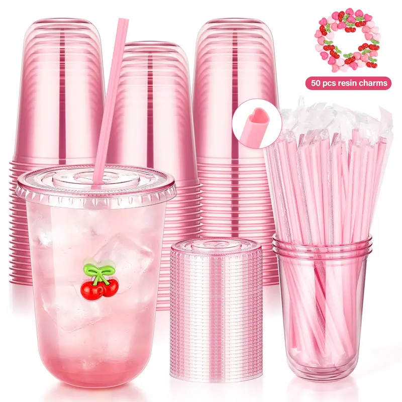 50-Pack 13.6oz(400ml) BPA-Free PET Disposable Tableware Set, High-Quality Plastic Valentine Round-Bottom Cold Drink Cups with Lids, Pink Heart Straws & Resin Charms for Adults, Grad Party & Any Occasion Home Festive Supplies