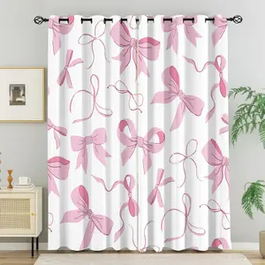 Ins Style Pink Coquette Bow Curtains for Living Room,Cute Hand Drawn Ribbon Bow Window Curtains,Trendy Dorm Room Shower Curtain,Preppy Aesthetic Bedroom Decor,Kawaii Girly Home Decor for Teen Girls