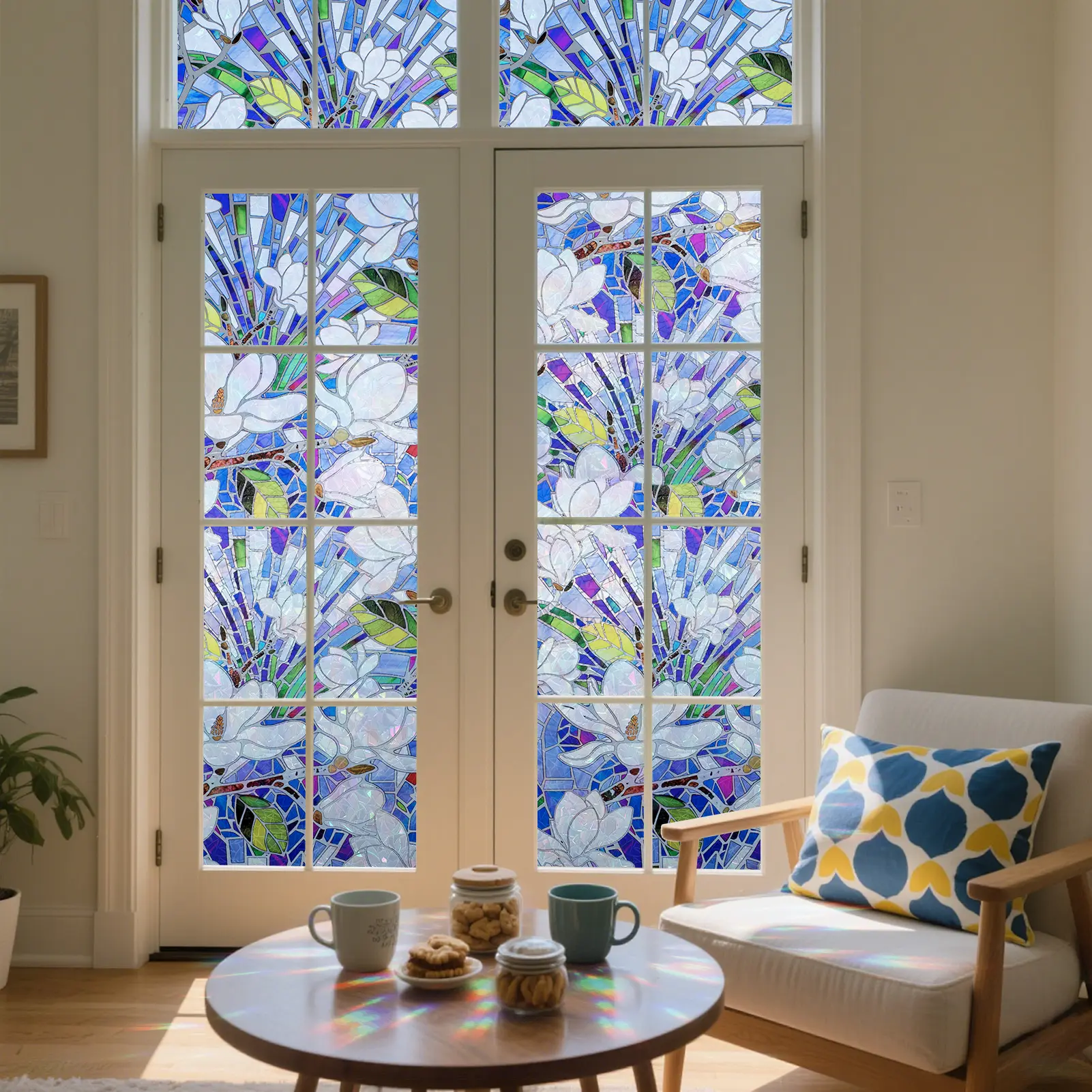 DKTIE 17.7in x 78.7in Durable Rainbow Magnolia PVC Stained Glass Decorative Window Sticker, Removable Electrostatic Cling, Anti-UV, Heat-Blocking, Easy to Install with Included Tools, Room Decor