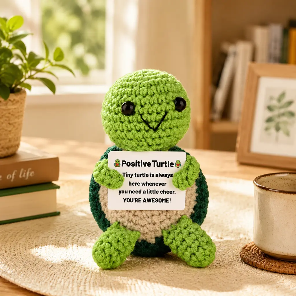 Positive Turtle Crochet Doll, Handmade Knitted Mini Turtle Plush with Encouragement Affirmation Card, Cute Emotional Support Gift, Inspirational Pocket Desk Decor for Friends