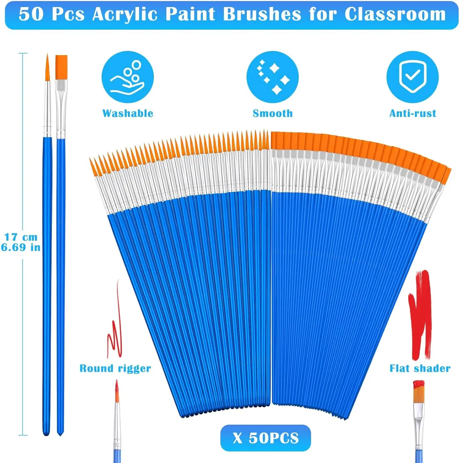 50 Pcs Small Paint Brushes Bulk for Kids, Classroom, Face Painting, Touch Ups - Flat Tip & Round Acrylic Brushes