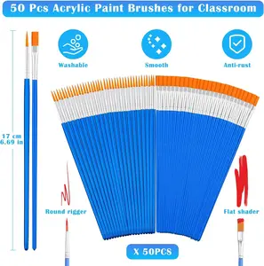 50 Pcs Small Paint Brushes Bulk for Kids, Classroom, Face Painting, Touch Ups - Flat Tip & Round Acrylic Brushes
