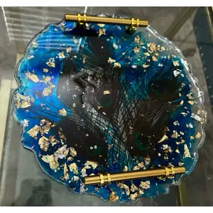 Gold-resin Tray with Real Peacock Feathers Handmade Decor for Art Collectors Unique Nature Meets Luxury Design
