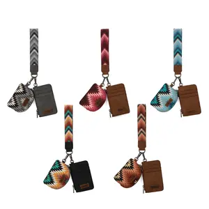 Wrangler Aztec Wave Print Western Dual Pouch Wristlet Credit Card Holder Wallet  Keychain with Zip Closure and Detachable Pockets Mini Semi-Circular Coin Purse & Key Ring Zip Card Case