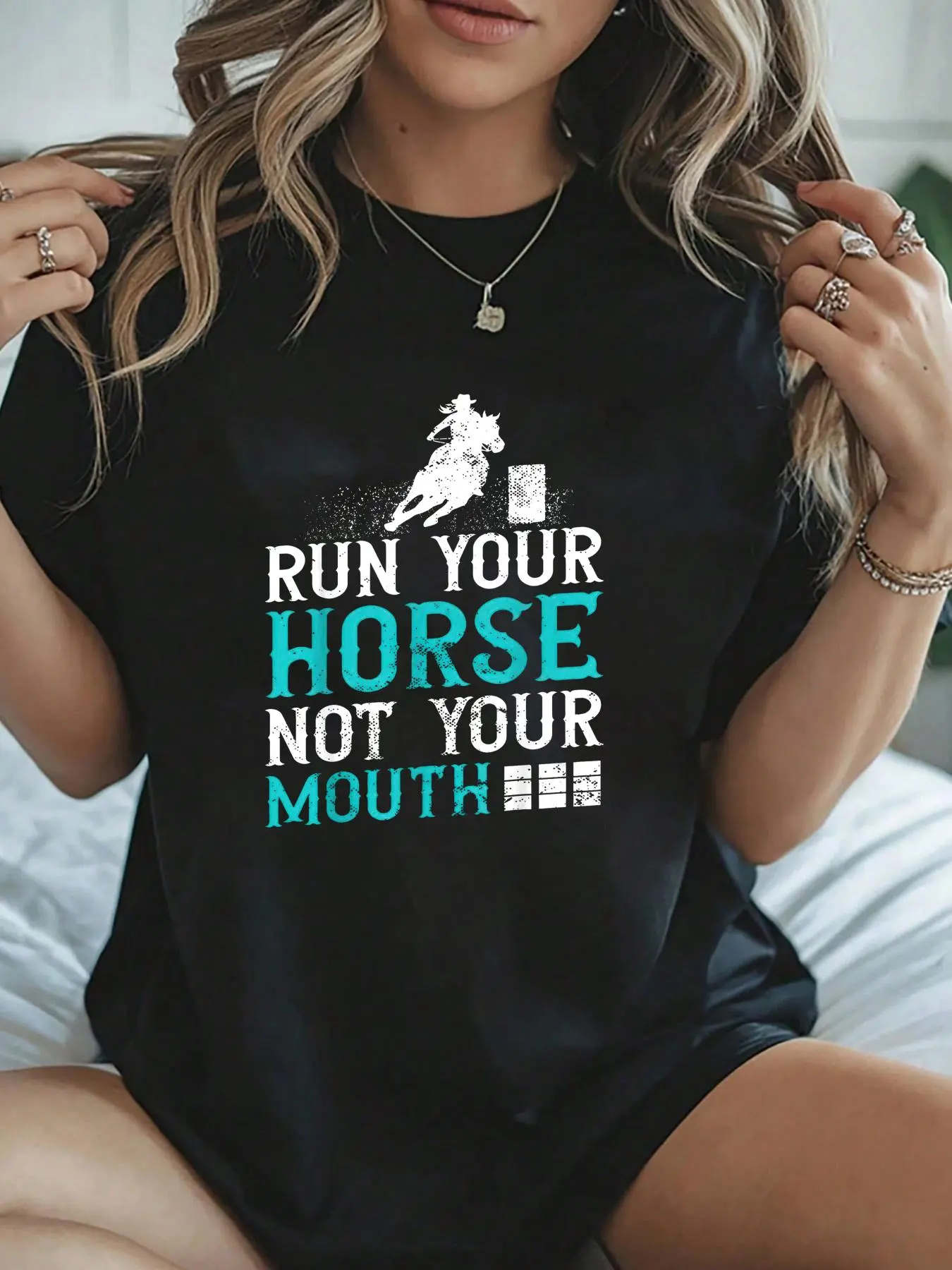 Women's 100% Cotton Casual Round Neck Short-Sleeve Loose Lady T-Shirt Top - Horse Barrel Racing, Streetwear Style Rodeo Theme, Jackets, Shortsleeve, Tshirt, Round Neck, Easy Layering, Pairs With Jeans, Loose Flatter Fit, Easy Casual Match, Rodeo Outfit In