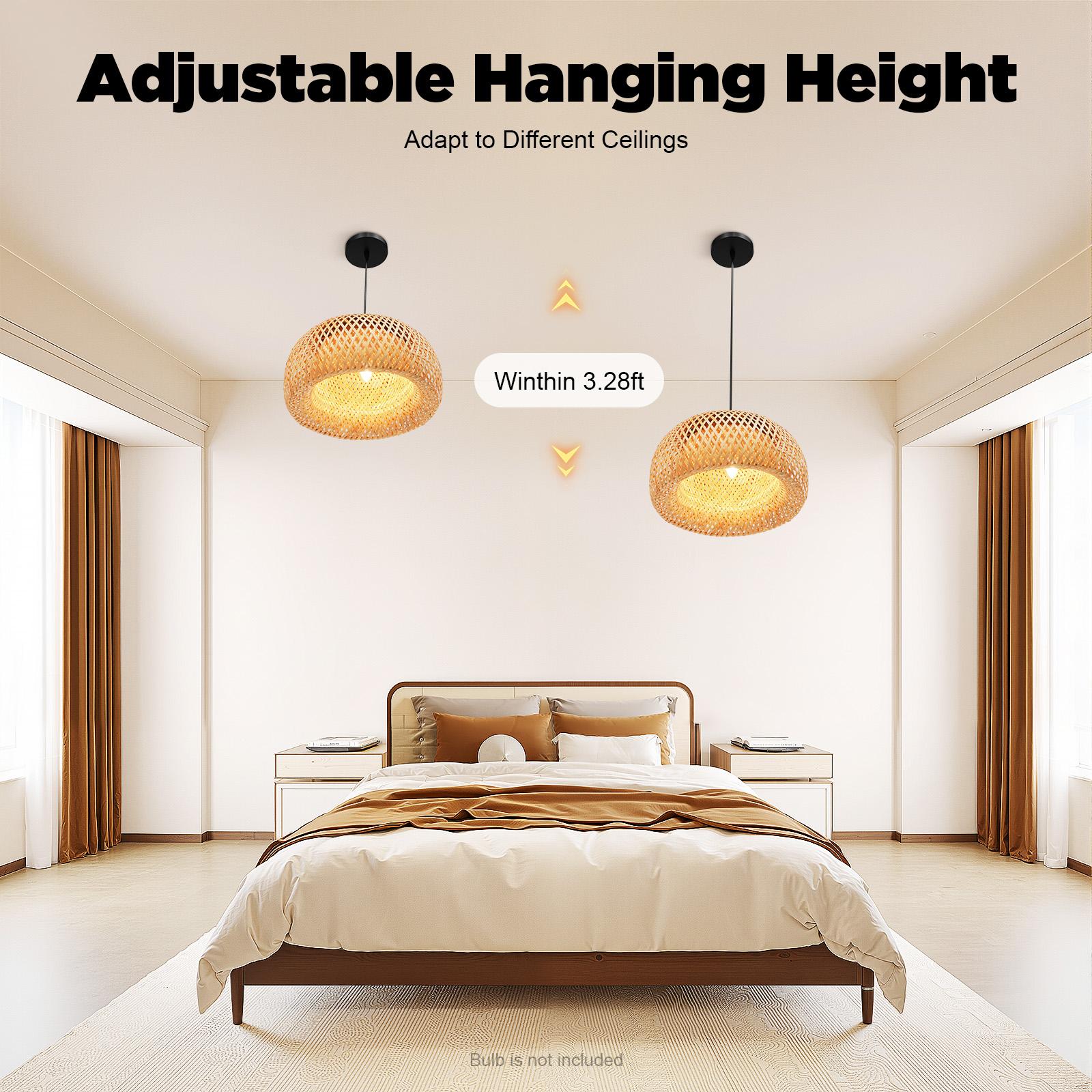 Natural Bamboo Handwoven Pendant Light Adjustable Height for Sloped Ceilings 110V E26 Bulb Not Included Rustic Farmhouse Chandelier 38cm Diameter 20cm Height