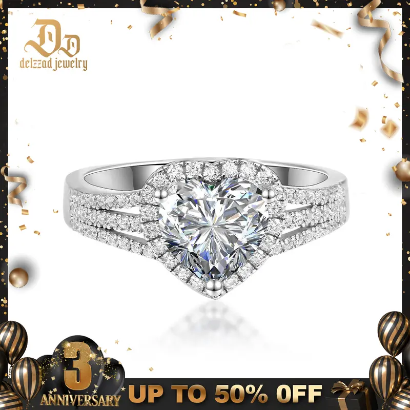 Delzzad 2ct Sparkling Heart Halo Split Ring Synthetic Moissanite S925 Love Ring Band Jewelry Perfect Accessories Wedding Valentine Anniversary Christmas Gift for Women Girls