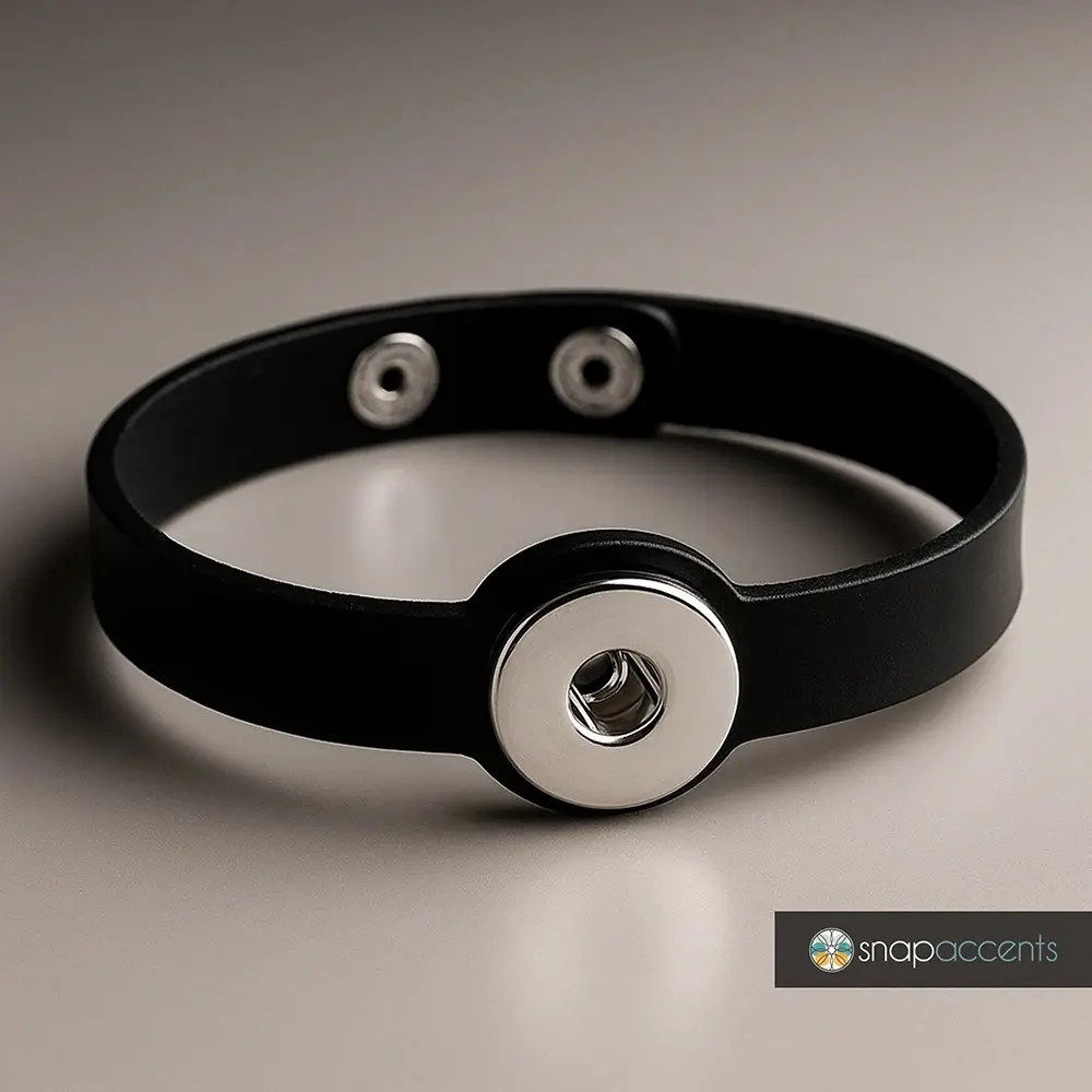 Soft Leather Snap Jewelry 7in. - 8in. Ginger Charm Bracelet, Simple Black Adjustable Cuff, Fits 18MM 20MM Women's Snap Charm Buttons