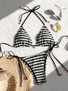 Women's Striped Wave Bikini Set, Sexy Triangle Swimsuit, Fashionable Beachwear, All Seasons, Fitted Casual Style, Striped Print Bikini