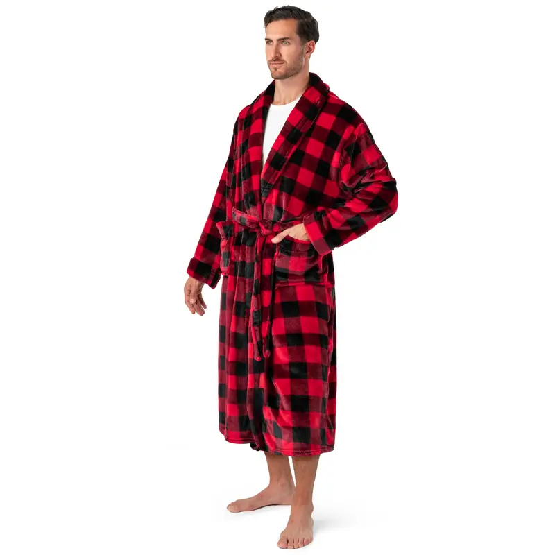 PAVILIA Mens Robe, Soft Plaid Robe for Men, Fleece Warm Long Bathrobe for Bath Shower Spa with Shawl Collar and Pockets, Plush Microfiber - Buffalo Plaid Checkered