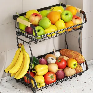 2 Tier Kitchen Countertop Fruit Basket Bowl with 2 Banana Hangers,Detachable Black Metal Vegetable Storage Stand with Wooden Handle,Produce Organizer for Bread Snack Veggies Potato