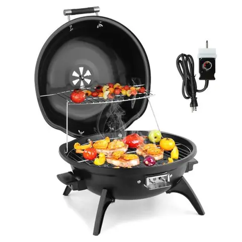 Karlhome 1600W Fast Heat Electric Countertop Barbecue Grill Pan - Portable Double Layer Stove, 14.8in Wide Cook Area, 304 Steel Tubes, Chrome Steel Grates, Adjust Temp, Cool-Touch Handle, Indoor Kitchen Cookware
