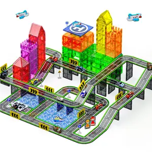 121PCS Magnetic Tiles Road Set with Pullback Cars Ship Airplane Traffic Sign STEM Toys for Kids Ages 4-8 Educational Construction Gifts