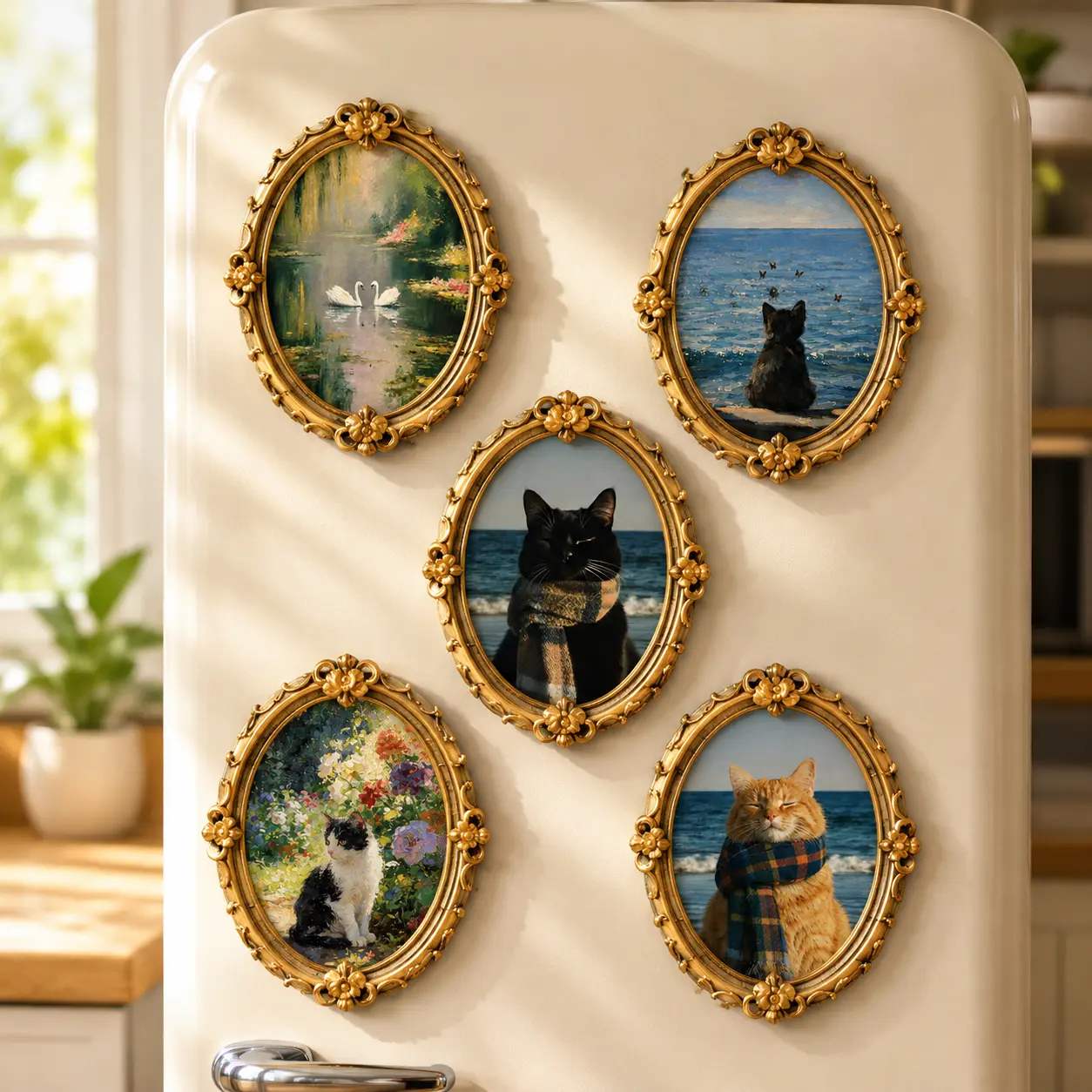 Vintage Gold Oval Frame Cat Landscape Fridge Magnet Classical Oil Painting Refrigerator Magnet Decor