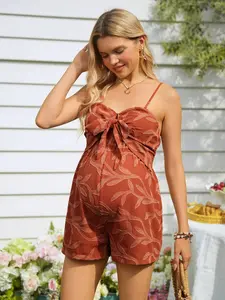 JOCASTAA Women's Sleeveless Short Jumpsuit For Pregnant, 3D Floral Fabric, Chest Tie Bow, Adjustable Straps, Suitable For Vacation