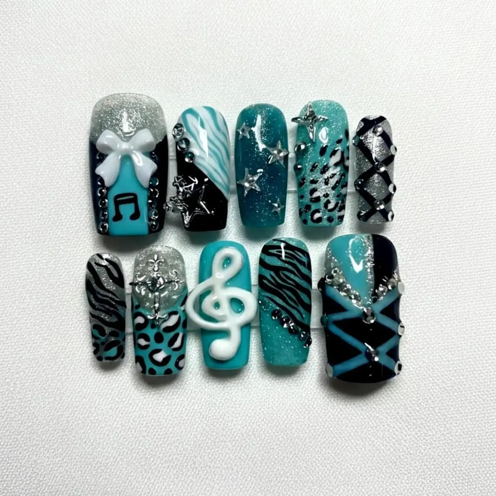 Y2K Scene Kid Press On Nails, Teal Zebra Cheetah, 3D Music Note, Emo Alt Nail Art