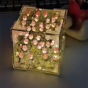 Tulip Night Light,Led Decorative Nights Lamp for Bedroom,Handmade DIY Magic Cube Tulips Flower Table Lamp and Mirror 2 in 1,21 Flowers Birthday Gifts for Women and Girl (Pink Tulips)