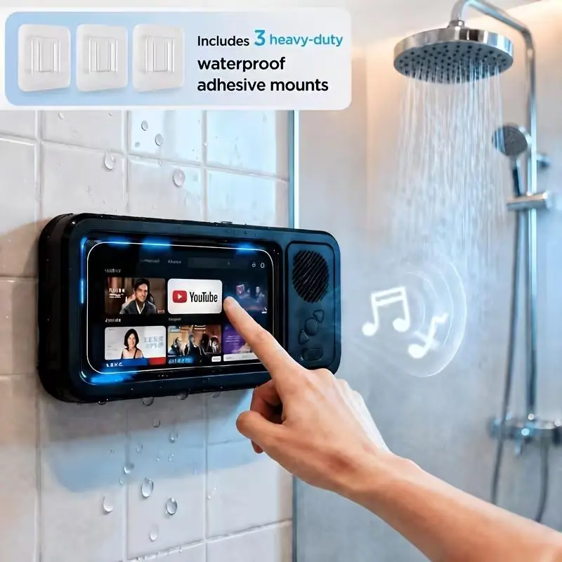 Wireless Bluetooth Speaker for Bathroom , Shower Phone Holder Speaker , Waterproof 360 Rotation Viewable Shower Phone Case Speakers for Bathroom Wall Mirro Compatible with iPhone, Galaxy
