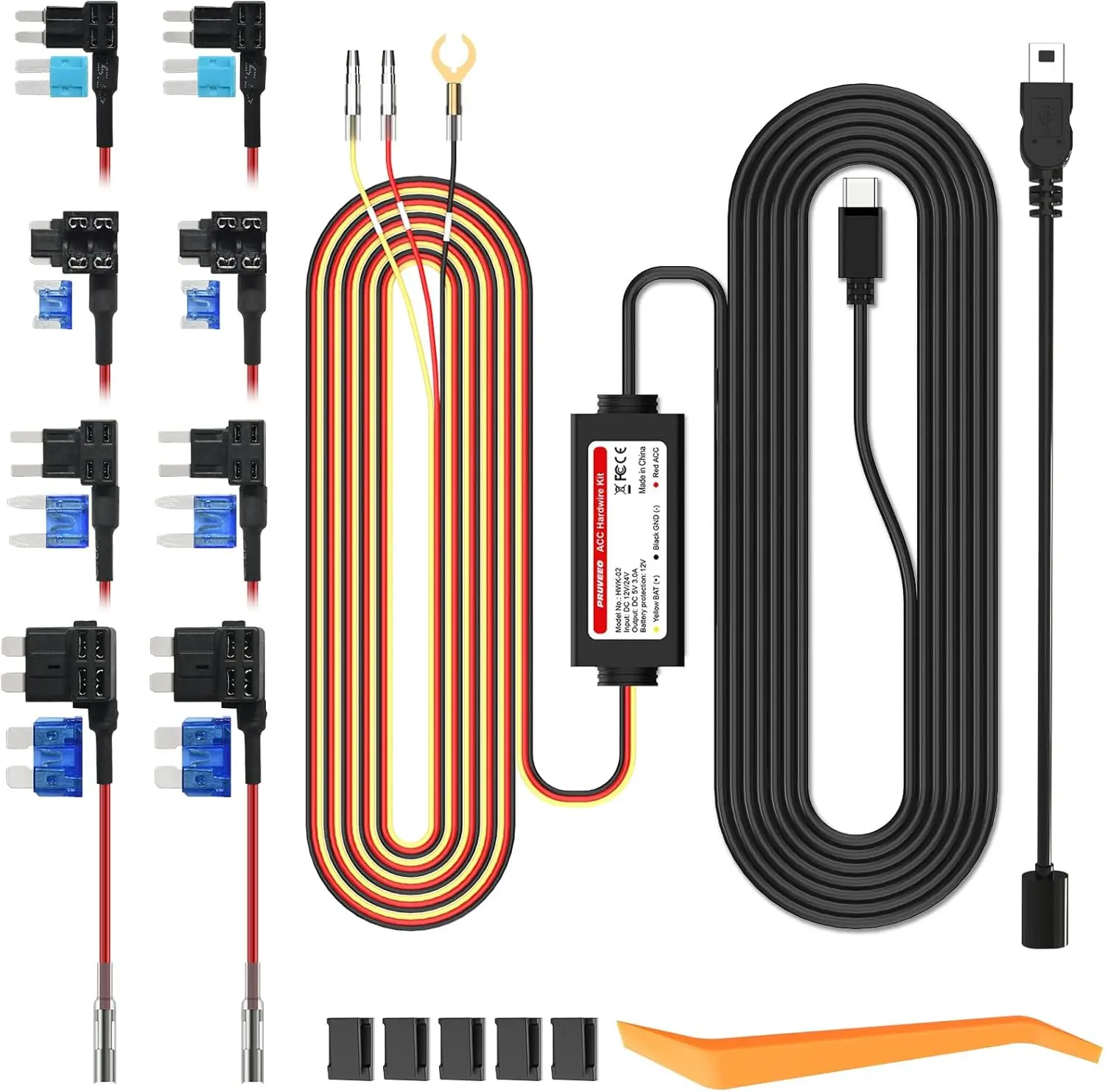 PRUVEEO Automatic ACC Hardwire Kit for D90-4CH Dash Cam, Smart Monitor with Digital Smart Display, Type-C to Mini USB Cable, 12V-30V to 5V/3A Conversion, Parking Mode, Low Voltage Protection, LED Indicator, Vehicle User Manual (Car Electronics Accessory)
