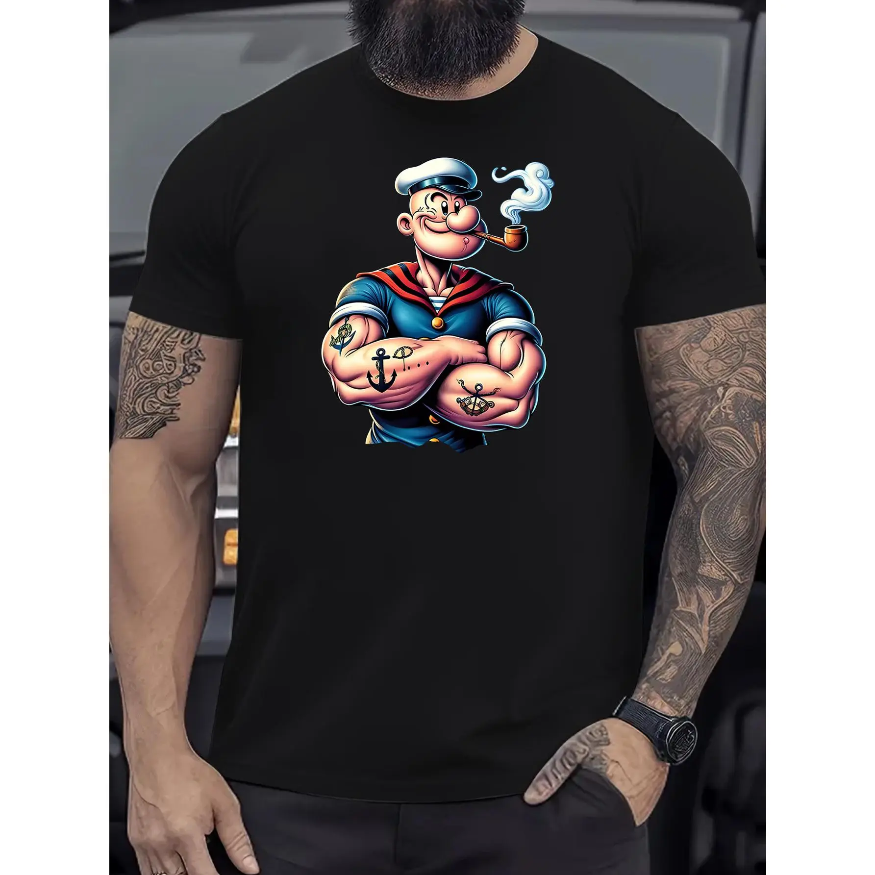Men's Popeye Cartoon Graphic Round Neck Short-Sleeve T-Shirt - Casual Streetwear Top for Spring/Summer Fitness, Niner Empire Outfit