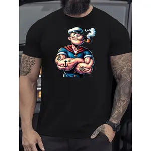 Popeye print men's T-shirt, casual daily top, new spring/summer short-sleeve men's cartoon anime print fitness T-shirt, men's top niner empire outfit