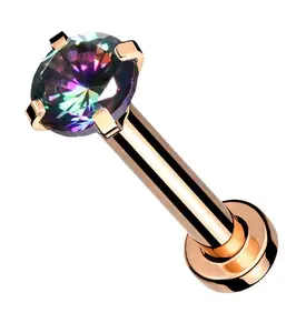 Rose Gold PVD Internally Threaded Black Aurora CZ Prong Mini Disc Labret