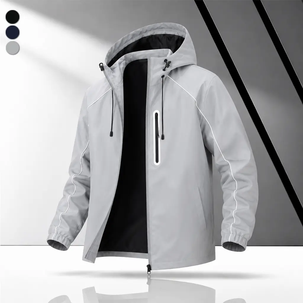 Men’s autumn cargo jacket, hooded windproof casual outerwear with a mesh lining, multiple convenient zippered pockets, elastic cuffs, suitable for everyday work, commuting, and outdoor travel, mountaineering, and hiking activities.