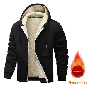 Men's Casual Zip-Up Hoodie 100% Polyester Solid Color Long-Sleeve Fleece-Lined Jacket for Spring Autumn Hiking & Outdoor Activities Regular Fit Warm Coat Beige Black