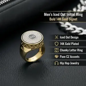 Iced Out Round Initial Signet Ring, 14K Gold Plated Chunky Letter Ring with Pave CZ, Stackable Zirconia Hip Hop Jewelry, Guys Gifts for Boyfriend Birthday, Adjustable Design elegant all-match star minimalist casual fashion jewelry gift