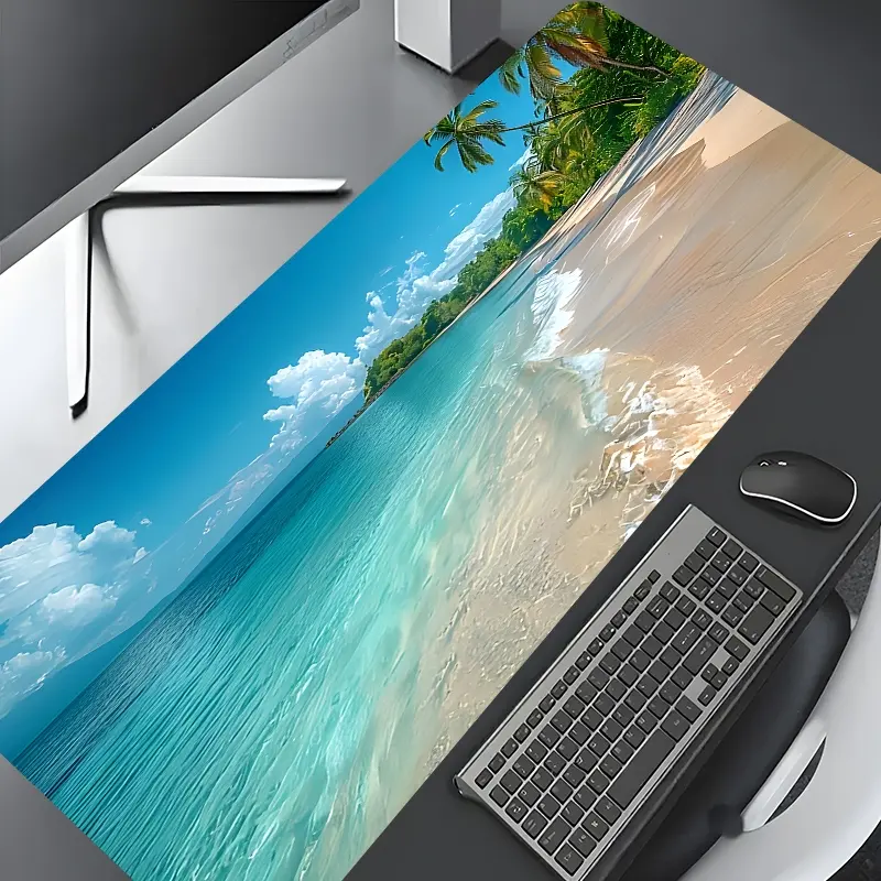 Summer Beach Landscape Scenic Design Large Gaming Mouse Pad,Aesthetic Desktop Drotection Pad,Washable Rubber Pad Non-Slip Lock Edge Multi-Size Mouse Pad Suitable For Home Office,Computer Desk Accessories,Desktop Accessory,Good Gift for Family and Friends