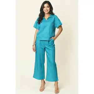 Double Take Full Size Texture Half Zip Short Sleeve Top and Pants Set