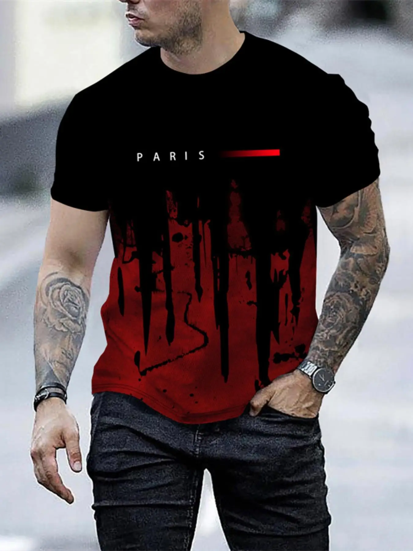 Men's Regular Fit Splash Ink & Letter Print Round Neck Tee, Casual Short Sleeve Crew Neck T-shirt for Summer, Fashion Men's Top for Daily Wear, Graphi