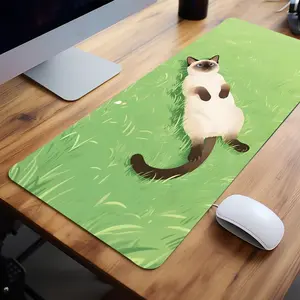 Extra Large Siamese Cat & Green Grass Mouse Pad Cartoon Style Gaming Desk Pad 35x16 Inch Computer Keyboard Mousepad with Non-Slip Rubber Base Durable Stitched Edge Perfect Gift for Home and Office