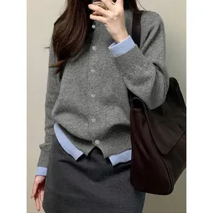 Women's Colorblock Print Button Front Cable Knit Cardigan, Casual Long Sleeve Cardigan Sweater for Fall & Winter, Women's Knit Clothing for Daily Wear