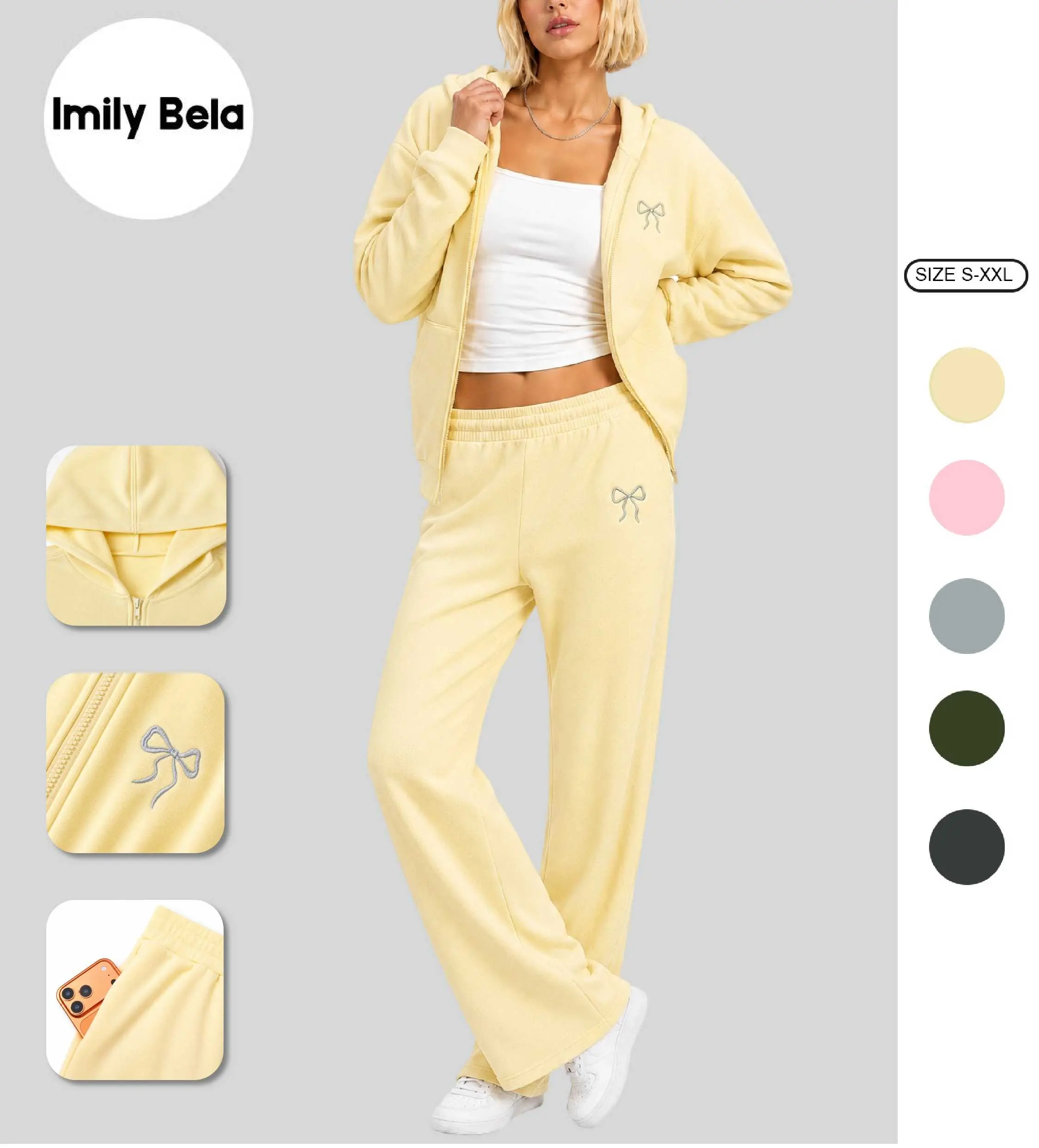 Imily Bela Womens 2 Piece Sweatsuit Set Bow Embroidered Zip Up Hoodie & Wide Leg Sweatpants Oversized Fleece Lounge Set Casual Fall Outfits