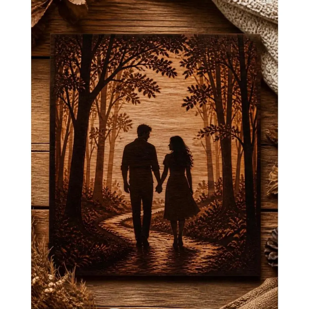 Laser-Engraved Couple Silhouette Sign in Basswood or Birch - 6x6, 8x8, 12x12 Sizes - Personalizable with Names and Date - Perfect for Weddings, Anniversaries, Engagements, Valentine's Day, New Home - Natural or Stained Finish - Includes Hanging Hardware