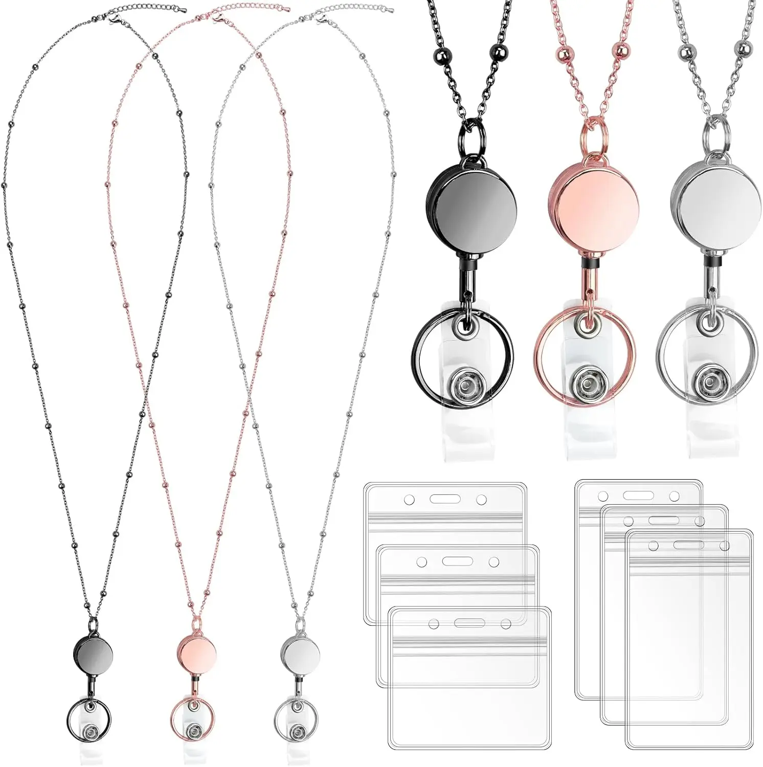 3 Pack Retractable Badge Reel Lanyard with 6 count  ID Holder Retractable Stainless Steel Badge Reel Lanyard with ID Holder for Girl Women Teacher Adults (Black, , Rose )