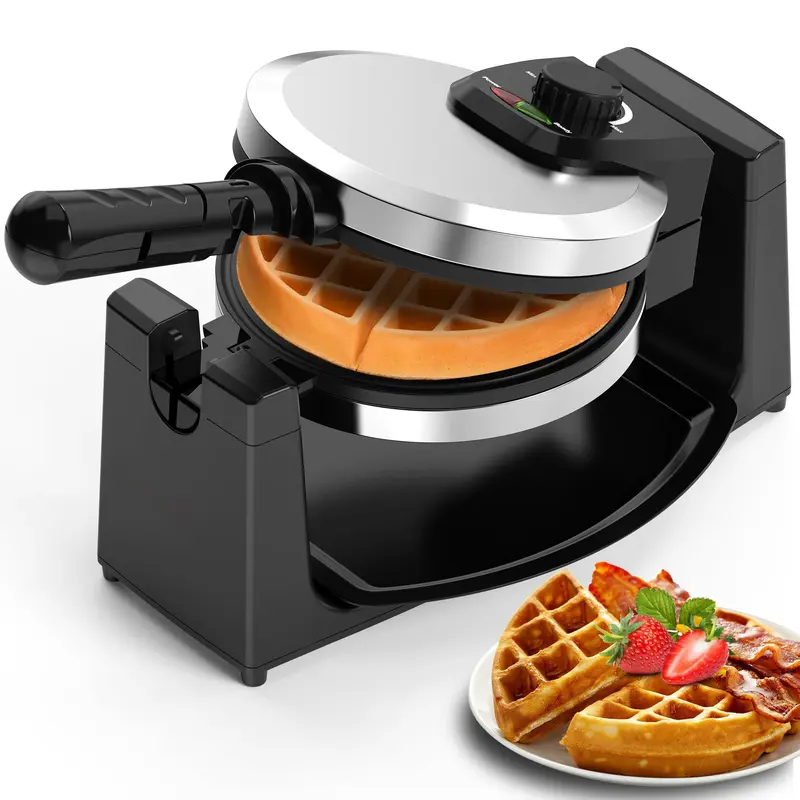 Belgian Waffle Maker 180° Flip Rotation with Non-Stick Plate, Adjustable Browning Control, Foldable Cool Touch Handle, Removable Drip Tray, Space Saving Storage, Stainless Steel