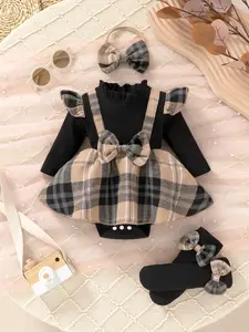 3-piece casual, elegant, sweet and cute baby girl dress jumpsuit, soft and comfortable, with checkered bow decoration and patchwork ruffled wavy collar long sleeved dress jumpsuit and bow decoration socks and headband