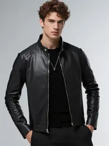 Men's Solid Color Stand Collar Zip Up Pu Leather Jacket Coats, Regular Fit Casual Long Sleeve Button Outerwear for Daily Wear, Men's Clothing for All Seasons